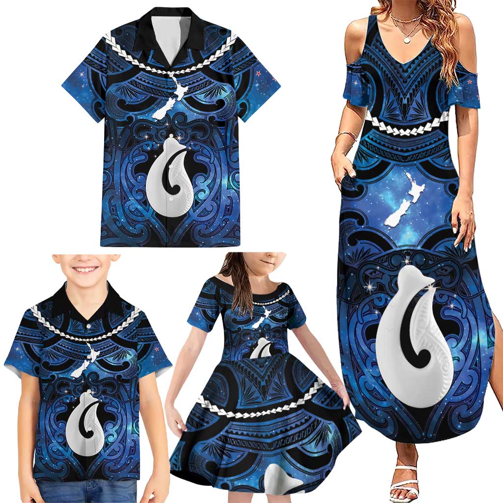 Personalized Maori Matariki Hei Matau Family Matching Summer Maxi Dress and Hawaiian Shirt Maori Kowhaiwhai Pattern Galaxy