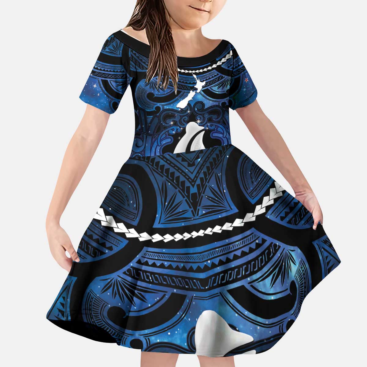 Personalized Maori Matariki Hei Matau Kid Short Sleeve Dress Maori Kowhaiwhai Pattern Galaxy LT01 KID Blue - Polynesian Pride