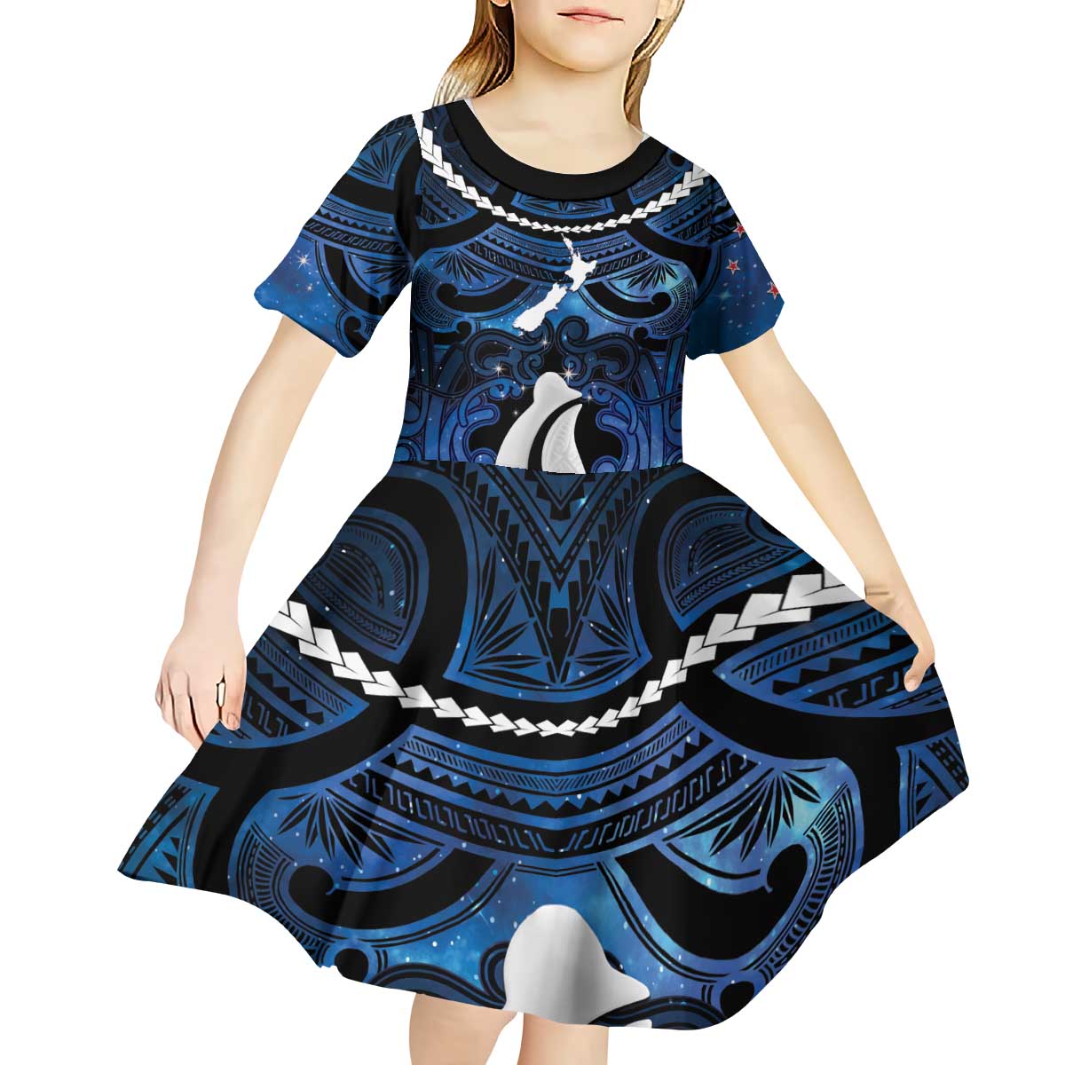 Personalized Maori Matariki Hei Matau Kid Short Sleeve Dress Maori Kowhaiwhai Pattern Galaxy LT01 - Polynesian Pride
