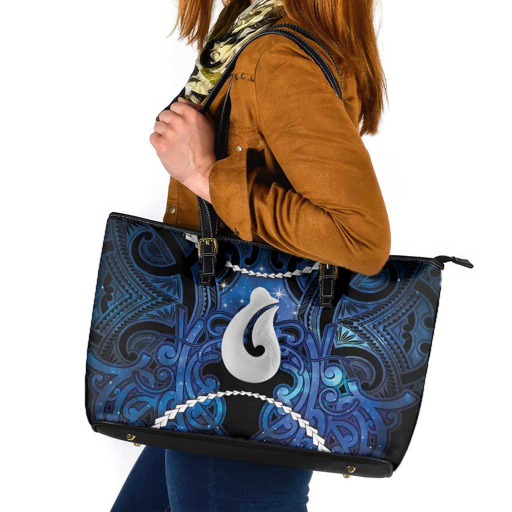 Maori Matariki Hei Matau Leather Tote Bag Maori Kowhaiwhai Pattern Galaxy LT01 Blue - Polynesian Pride
