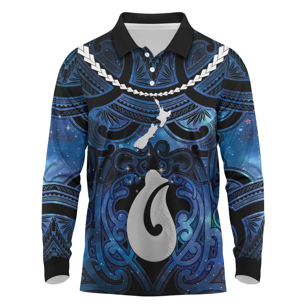 Personalized Maori Matariki Hei Matau Long Sleeve Polo Shirt Maori Kowhaiwhai Pattern Galaxy