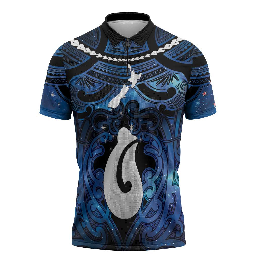 Personalized Maori Matariki Hei Matau Zipper Polo Shirt Maori Kowhaiwhai Pattern Galaxy LT01 Blue - Polynesian Pride