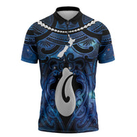 Personalized Maori Matariki Hei Matau Zipper Polo Shirt Maori Kowhaiwhai Pattern Galaxy LT01 Blue - Polynesian Pride