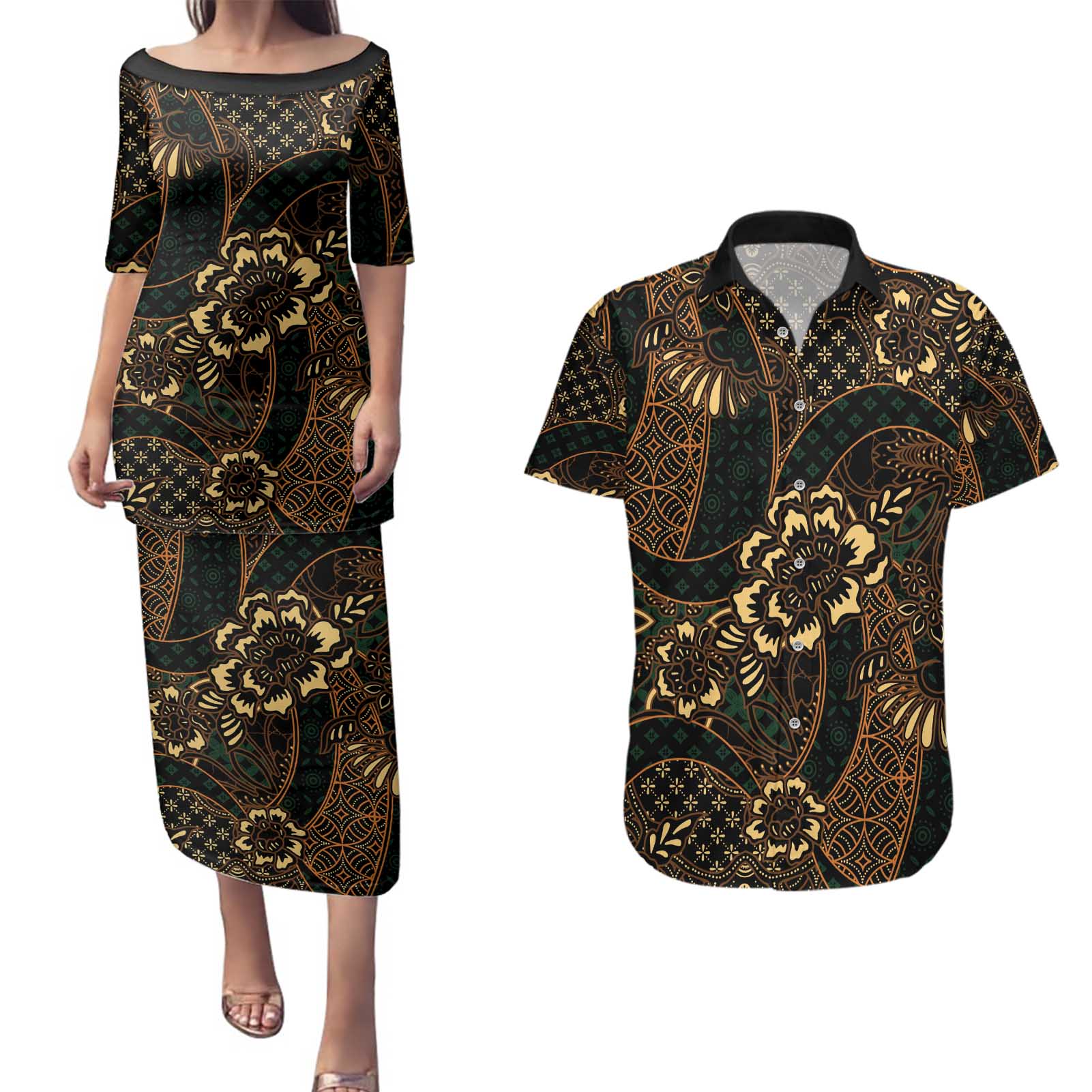 Indonesian Batik Pattern Vintage Brown Couples Matching Puletasi and Hawaiian Shirt