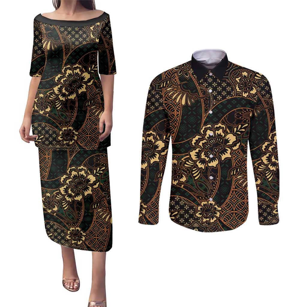 Indonesian Batik Pattern Vintage Brown Couples Matching Puletasi and Long Sleeve Button Shirt LT01 Brown - Polynesian Pride