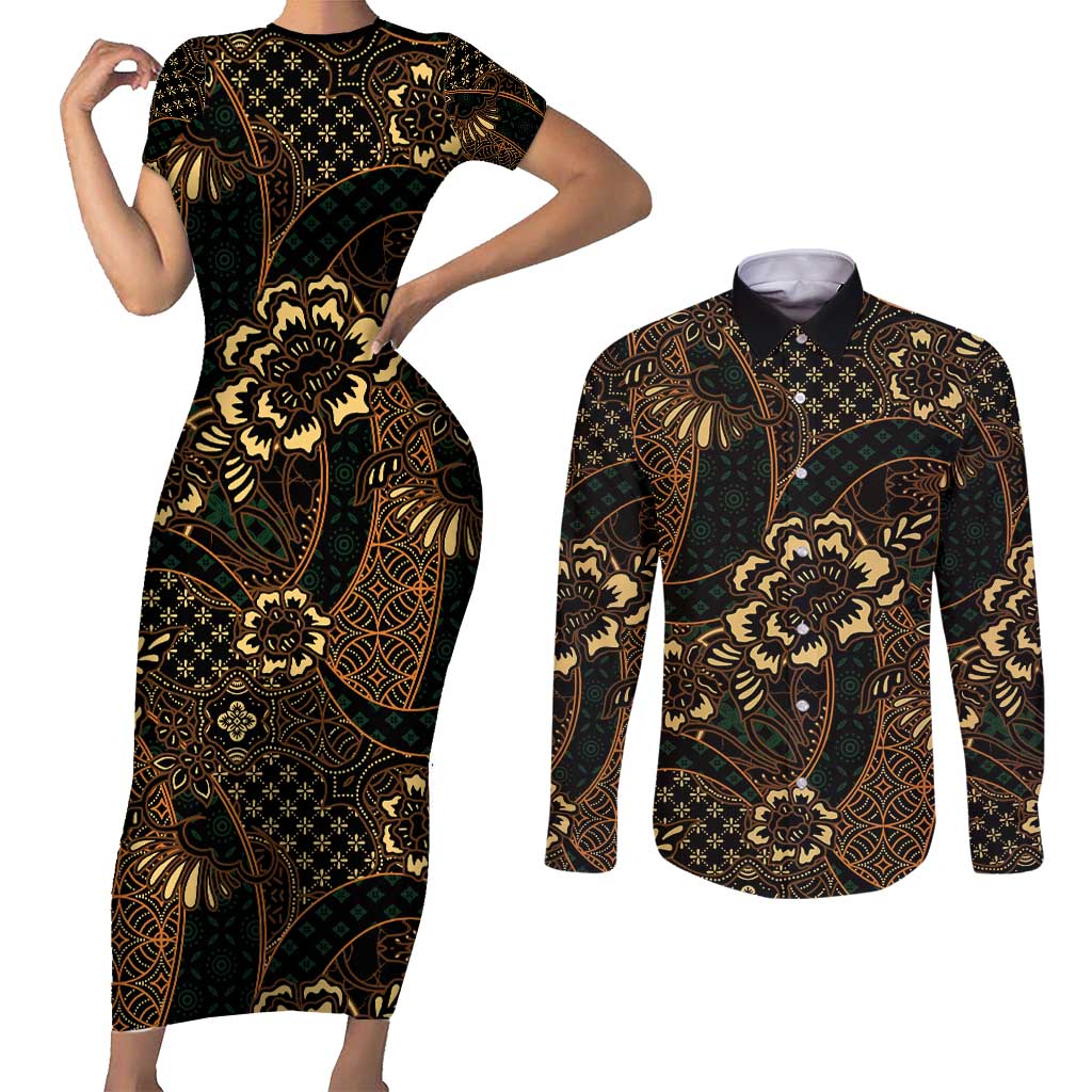 Indonesian Batik Pattern Vintage Brown Couples Matching Short Sleeve Bodycon Dress and Long Sleeve Button Shirt LT01 Brown - Polynesian Pride