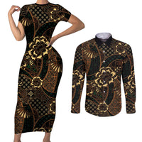 Indonesian Batik Pattern Vintage Brown Couples Matching Short Sleeve Bodycon Dress and Long Sleeve Button Shirt LT01 Brown - Polynesian Pride