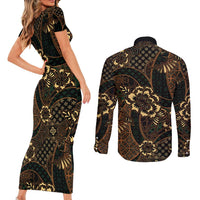Indonesian Batik Pattern Vintage Brown Couples Matching Short Sleeve Bodycon Dress and Long Sleeve Button Shirt LT01 - Polynesian Pride
