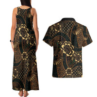 Indonesian Batik Pattern Vintage Brown Couples Matching Tank Maxi Dress and Hawaiian Shirt