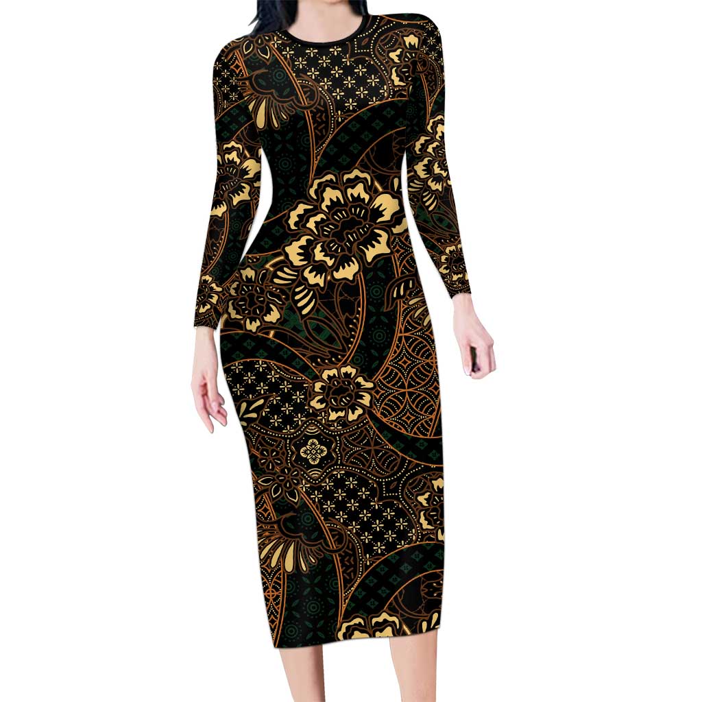 Indonesian Batik Pattern Vintage Brown Family Matching Long Sleeve Bodycon Dress and Hawaiian Shirt LT01 Mom's Dress Brown - Polynesian Pride