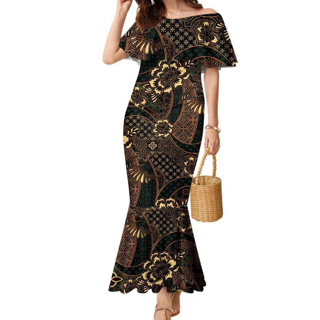 Indonesian Batik Pattern Vintage Brown Family Matching Mermaid Dress and Hawaiian Shirt LT01 Mom's Dress Brown - Polynesian Pride
