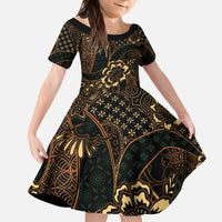 Indonesian Batik Pattern Vintage Brown Family Matching Off The Shoulder Long Sleeve Dress and Hawaiian Shirt