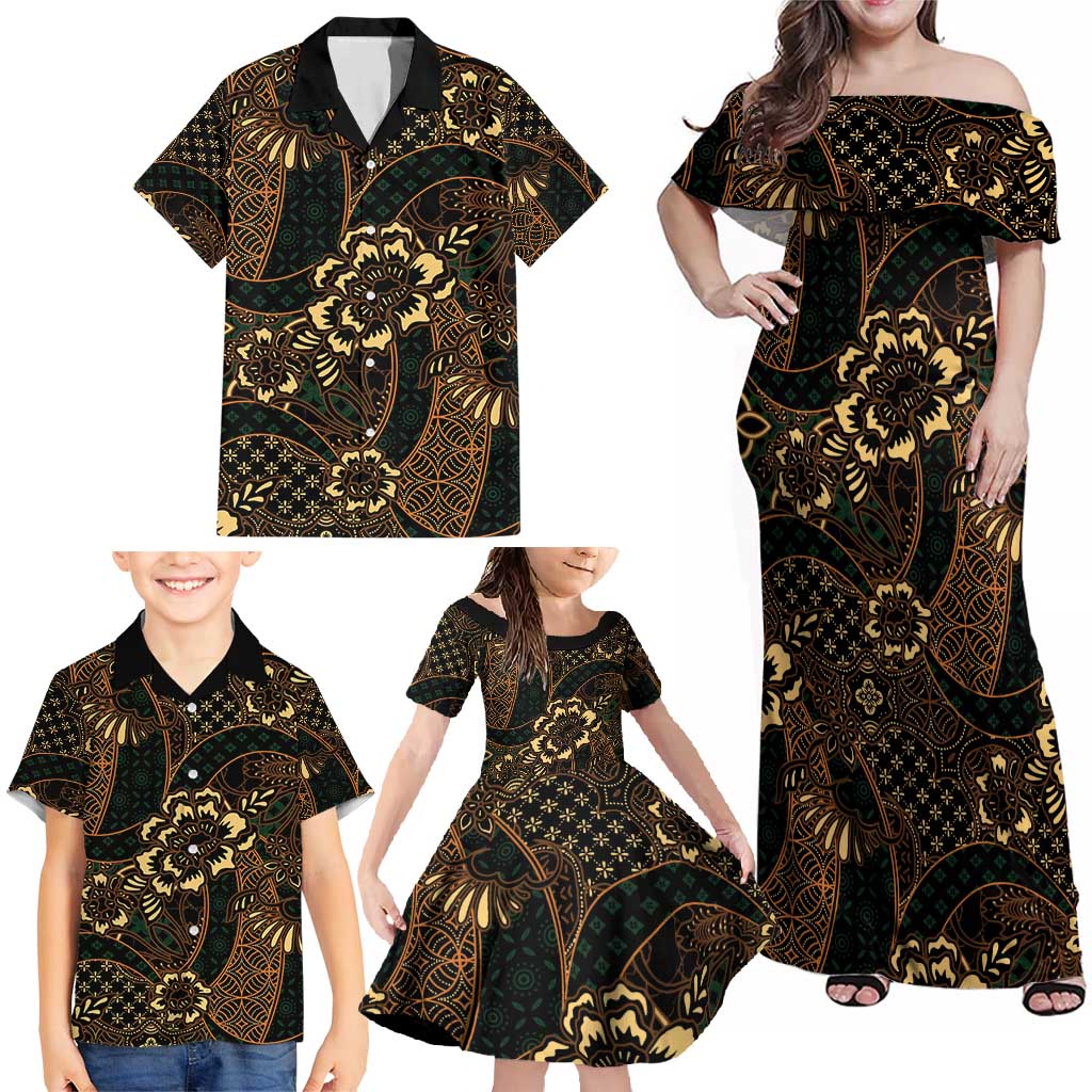 Indonesian Batik Pattern Vintage Brown Family Matching Off Shoulder Maxi Dress and Hawaiian Shirt