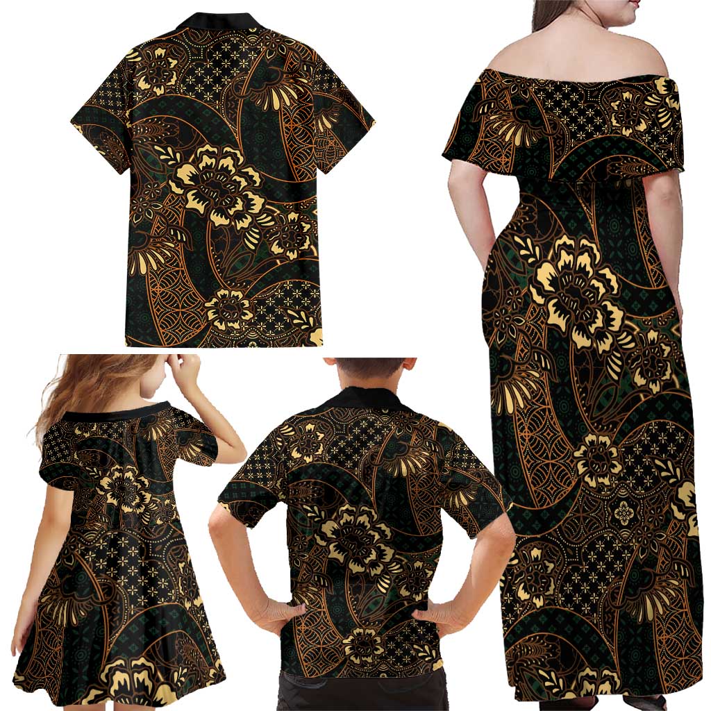 Indonesian Batik Pattern Vintage Brown Family Matching Off Shoulder Maxi Dress and Hawaiian Shirt