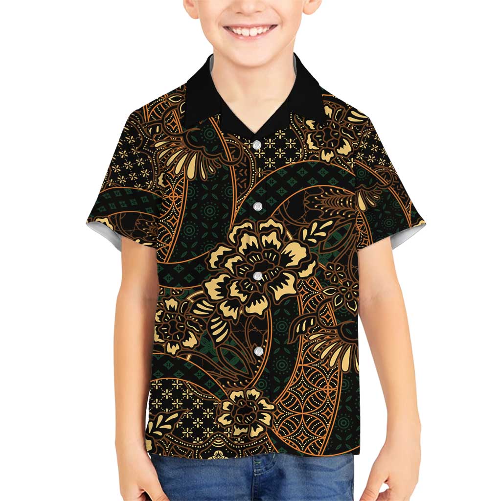 Indonesian Batik Pattern Vintage Brown Family Matching Off Shoulder Short Dress and Hawaiian Shirt