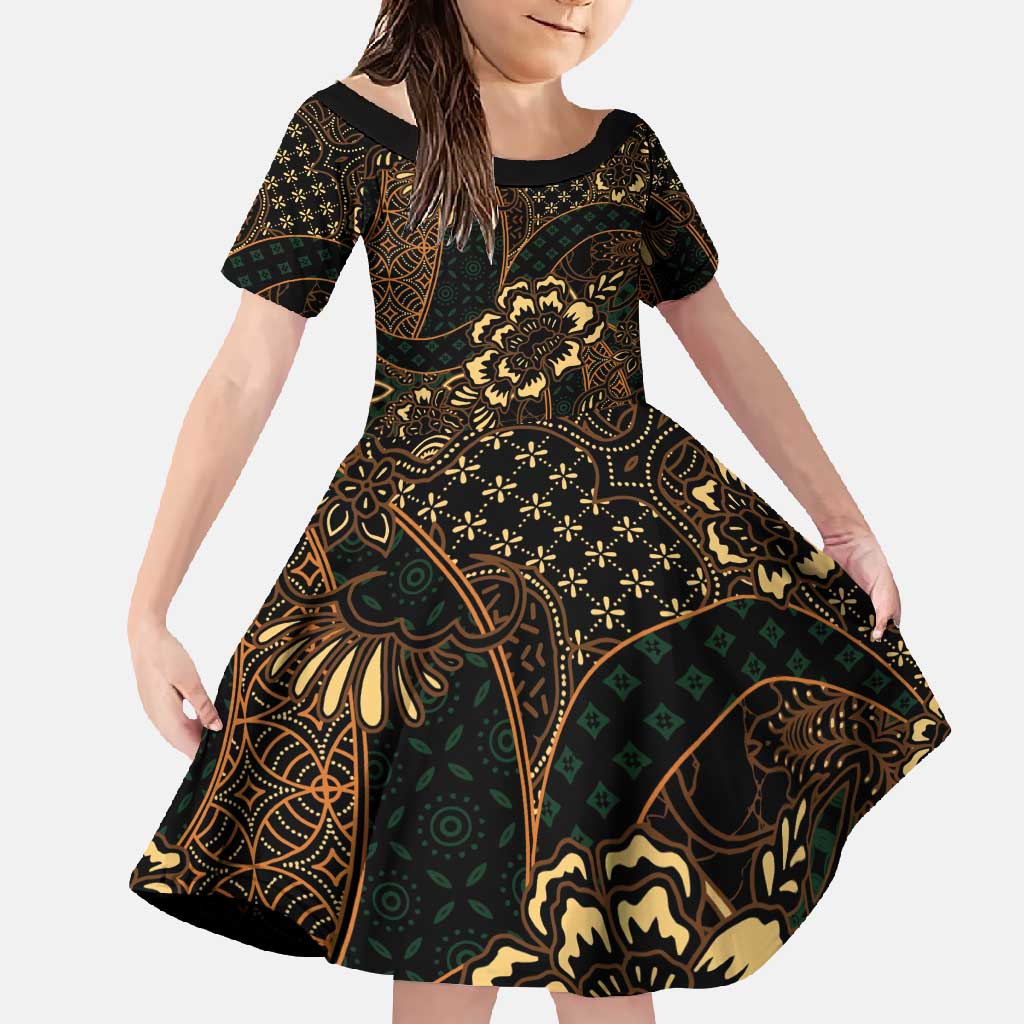 Indonesian Batik Pattern Vintage Brown Family Matching Short Sleeve Bodycon Dress and Hawaiian Shirt LT01 Daughter's Dress Brown - Polynesian Pride
