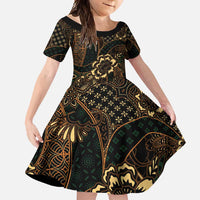 Indonesian Batik Pattern Vintage Brown Family Matching Short Sleeve Bodycon Dress and Hawaiian Shirt LT01 Daughter's Dress Brown - Polynesian Pride