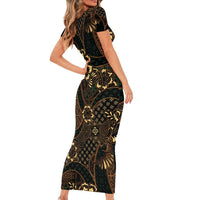 Indonesian Batik Pattern Vintage Brown Family Matching Short Sleeve Bodycon Dress and Hawaiian Shirt LT01 - Polynesian Pride