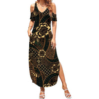 Indonesian Batik Pattern Vintage Brown Family Matching Summer Maxi Dress and Hawaiian Shirt LT01 Mom's Dress Brown - Polynesian Pride