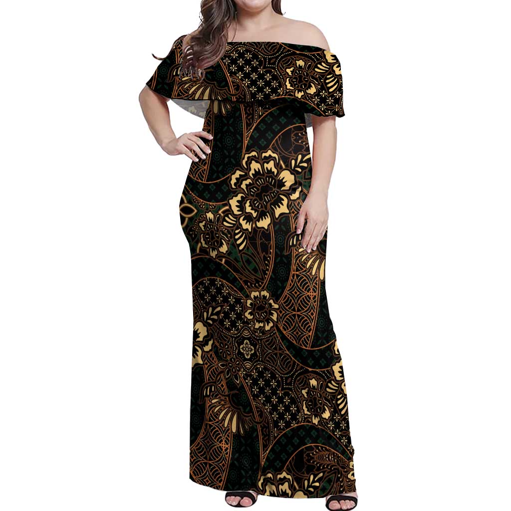 Indonesian Batik Pattern Vintage Brown Off Shoulder Maxi Dress