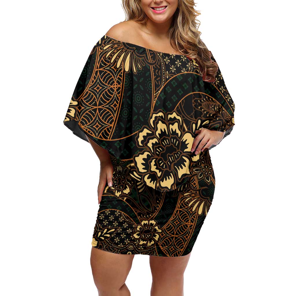 Indonesian Batik Pattern Vintage Brown Off Shoulder Short Dress