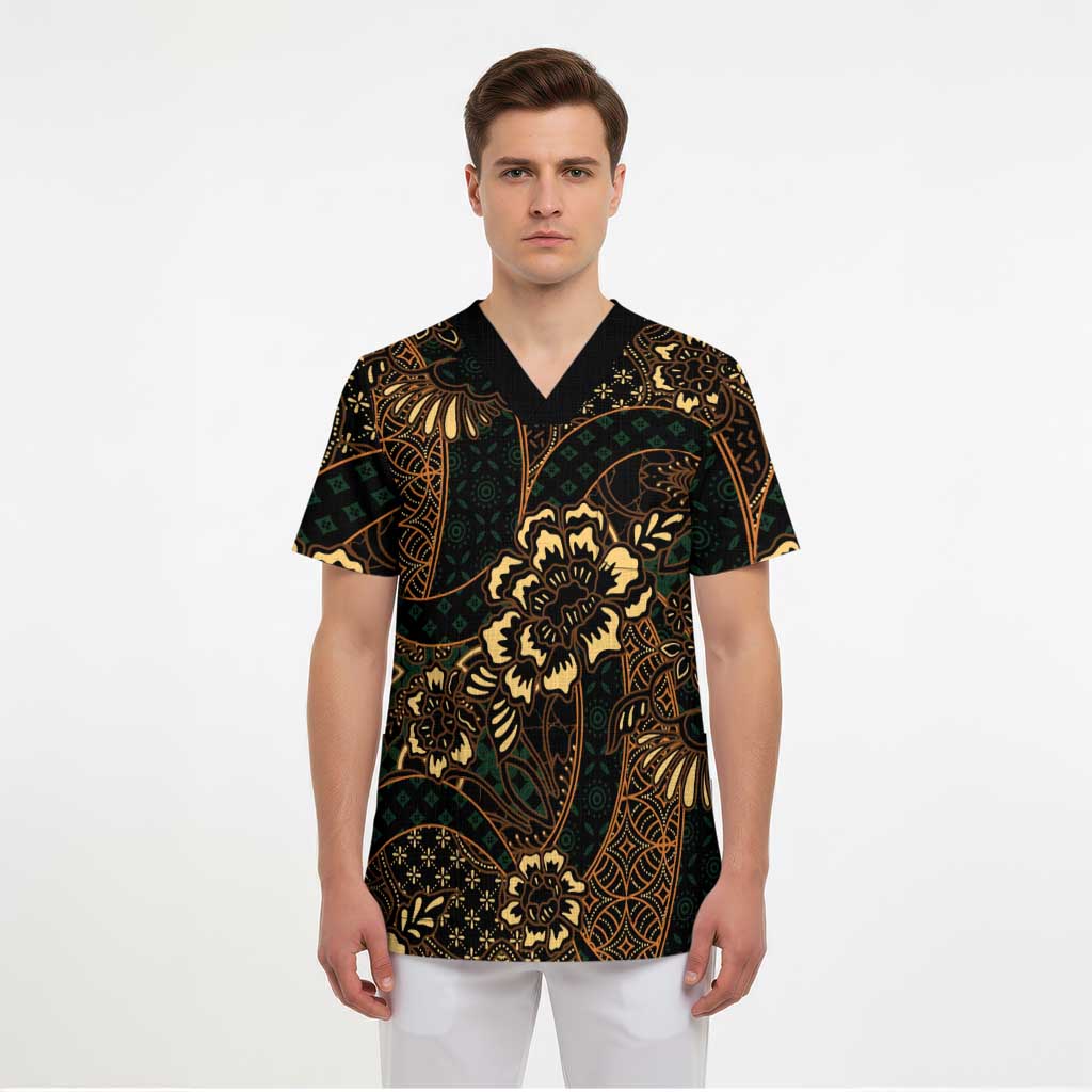 Indonesian Batik Pattern Vintage Brown Scrub Top - Polynesian Pride