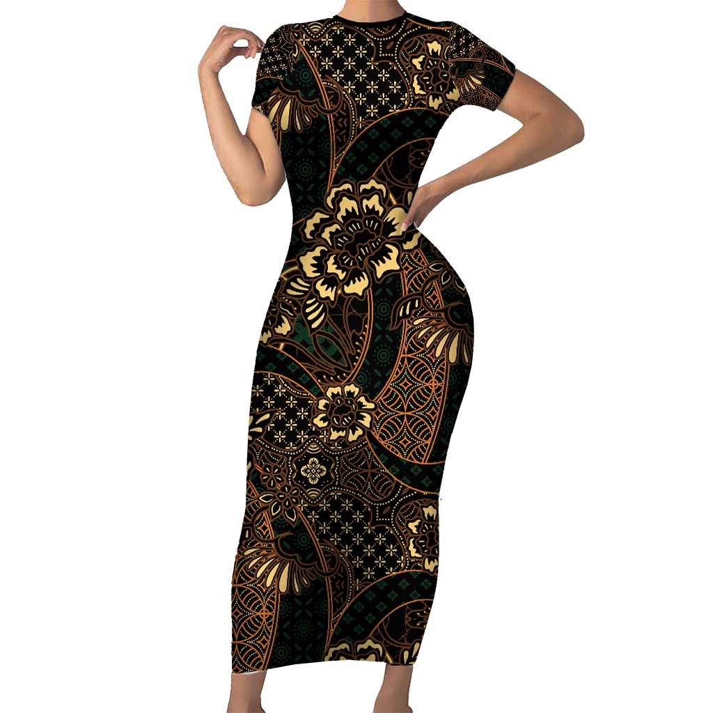 Indonesian Batik Pattern Vintage Brown Short Sleeve Bodycon Dress