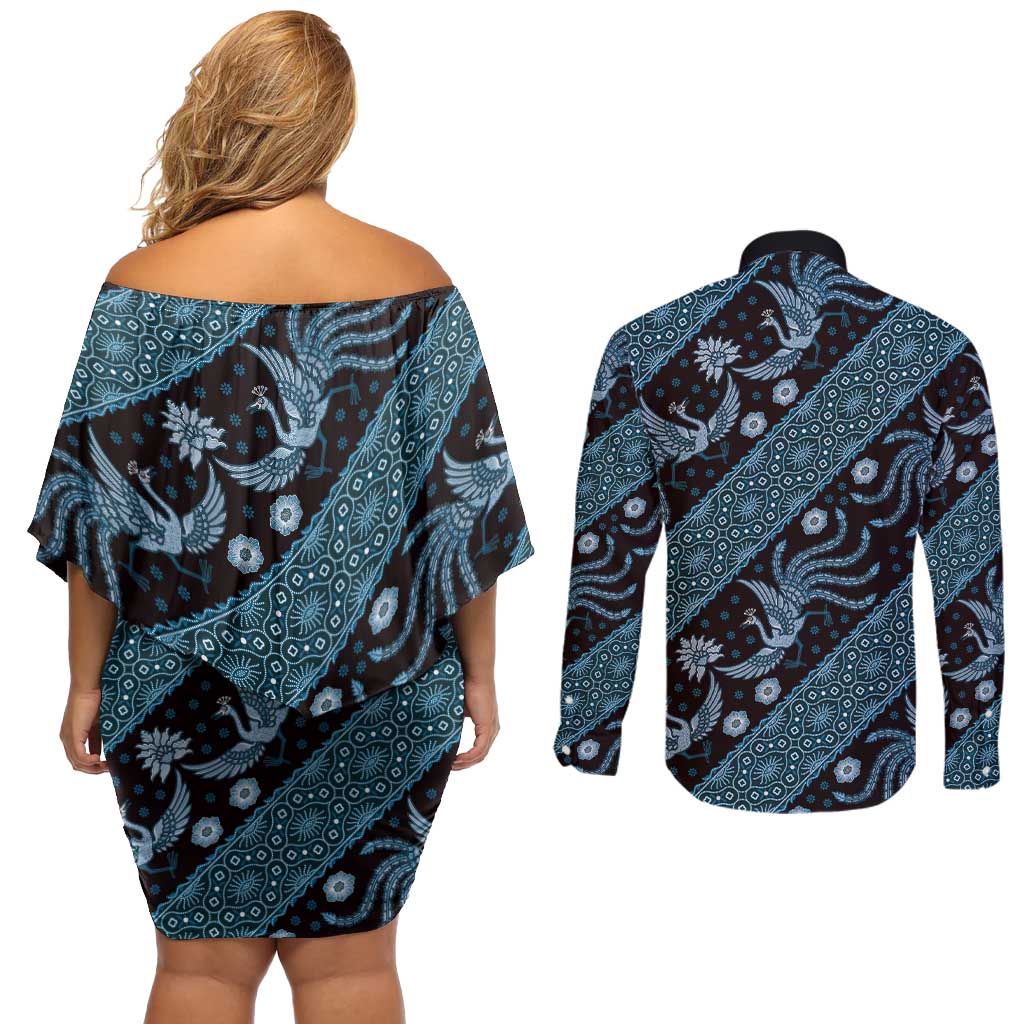 Indonesia Batik Pattern Couples Matching Off Shoulder Short Dress and Long Sleeve Button Shirt Blue Version