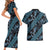 Indonesia Batik Pattern Couples Matching Short Sleeve Bodycon Dress and Hawaiian Shirt Blue Version