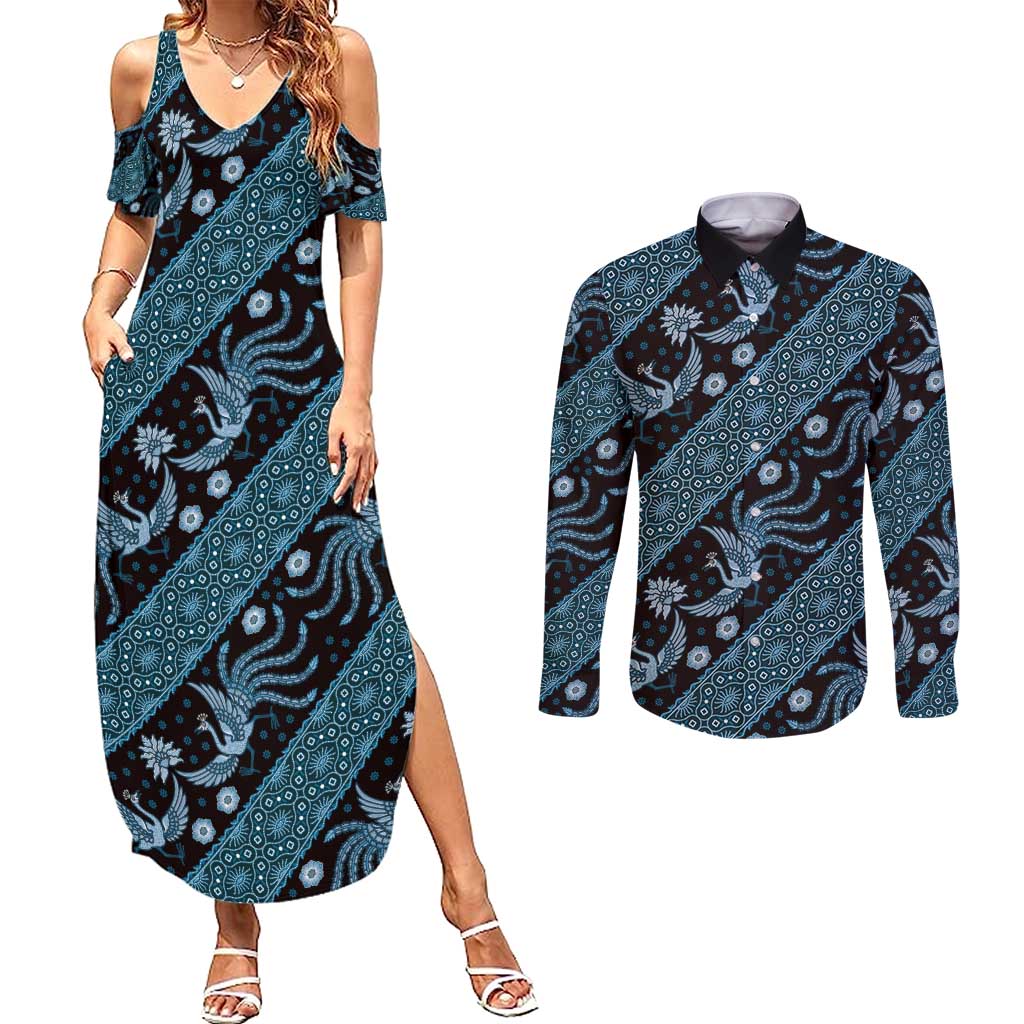 Indonesia Batik Pattern Couples Matching Summer Maxi Dress and Long Sleeve Button Shirt Blue Version