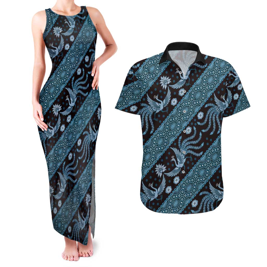 Indonesia Batik Pattern Couples Matching Tank Maxi Dress and Hawaiian Shirt Blue Version