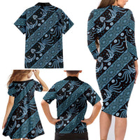 Indonesia Batik Pattern Family Matching Long Sleeve Bodycon Dress and Hawaiian Shirt Blue Version