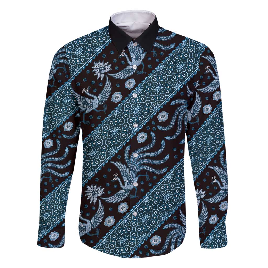 Indonesia Batik Pattern Family Matching Long Sleeve Bodycon Dress and Hawaiian Shirt Blue Version