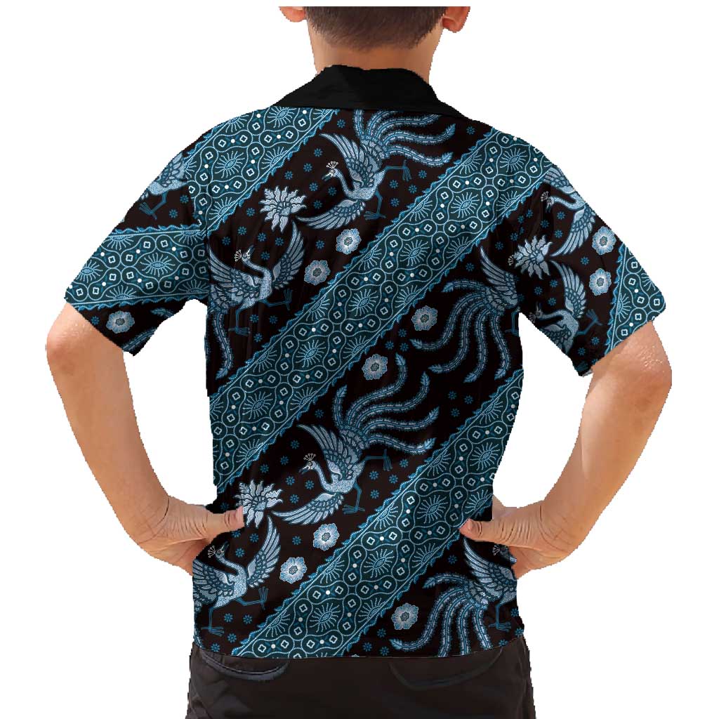 Indonesia Batik Pattern Family Matching Mermaid Dress and Hawaiian Shirt Blue Version