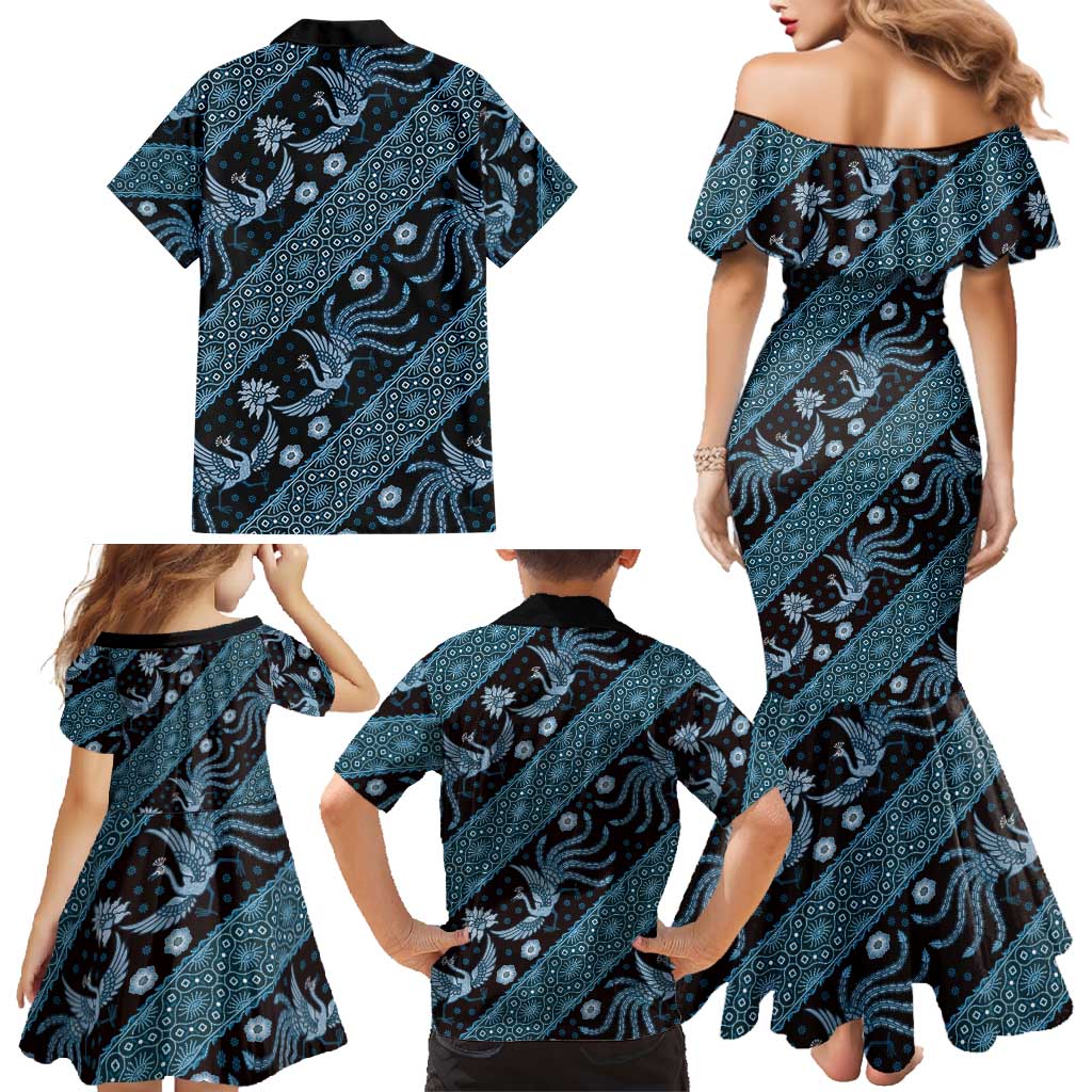 Indonesia Batik Pattern Family Matching Mermaid Dress and Hawaiian Shirt Blue Version