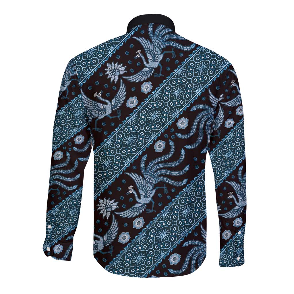 Indonesia Batik Pattern Long Sleeve Button Shirt Blue Version