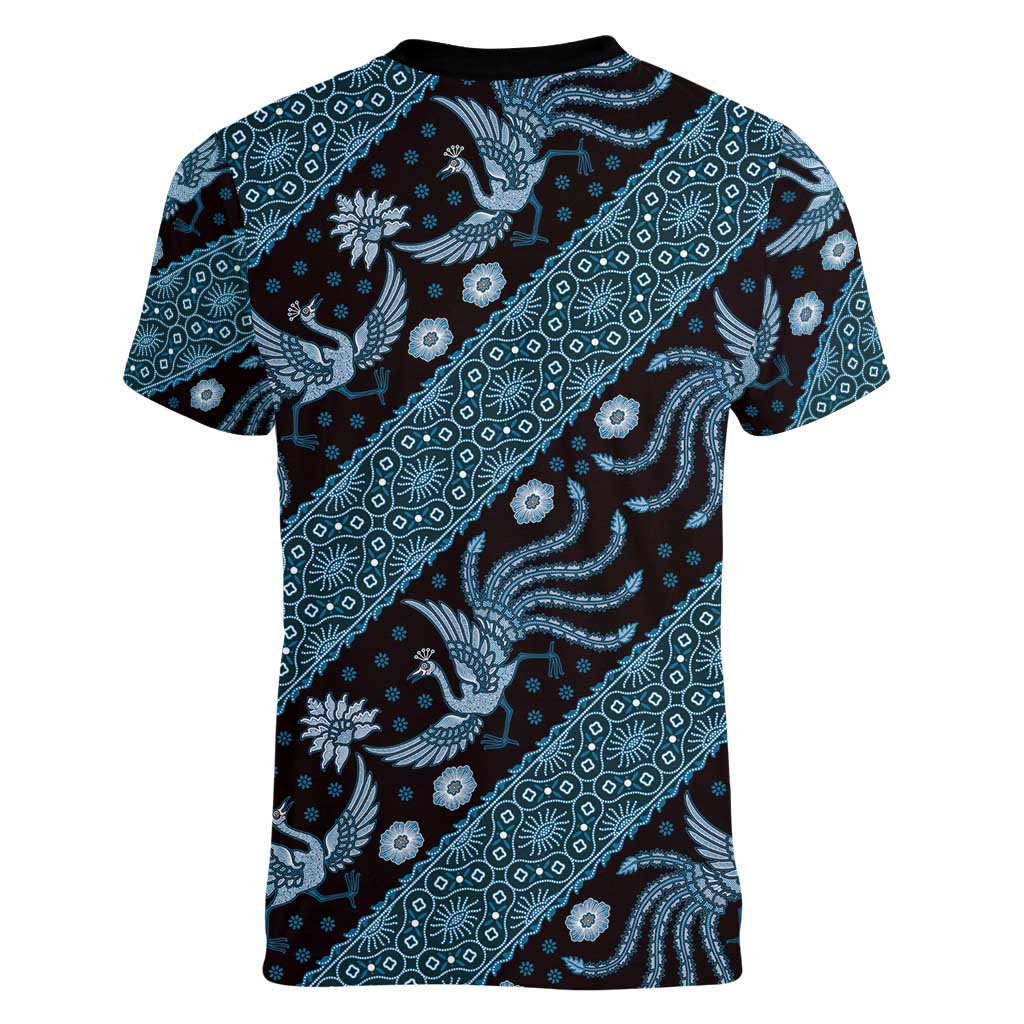 Indonesia Batik Pattern Women V-Neck T-Shirt Blue Version