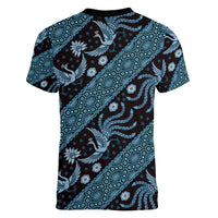 Indonesia Batik Pattern Women V-Neck T-Shirt Blue Version