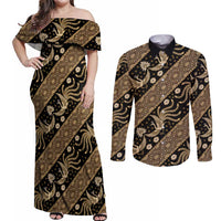 Indonesia Batik Pattern Couples Matching Off Shoulder Maxi Dress and Long Sleeve Button Shirt Gold Version