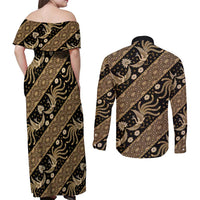 Indonesia Batik Pattern Couples Matching Off Shoulder Maxi Dress and Long Sleeve Button Shirt Gold Version