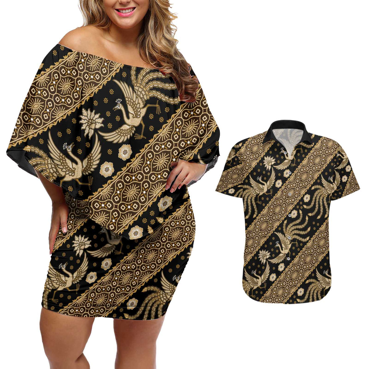 Indonesia Batik Pattern Couples Matching Off Shoulder Short Dress and Hawaiian Shirt Gold Version