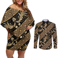 Indonesia Batik Pattern Couples Matching Off Shoulder Short Dress and Long Sleeve Button Shirt Gold Version