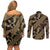 Indonesia Batik Pattern Couples Matching Off Shoulder Short Dress and Long Sleeve Button Shirt Gold Version