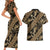 Indonesia Batik Pattern Couples Matching Short Sleeve Bodycon Dress and Hawaiian Shirt Gold Version