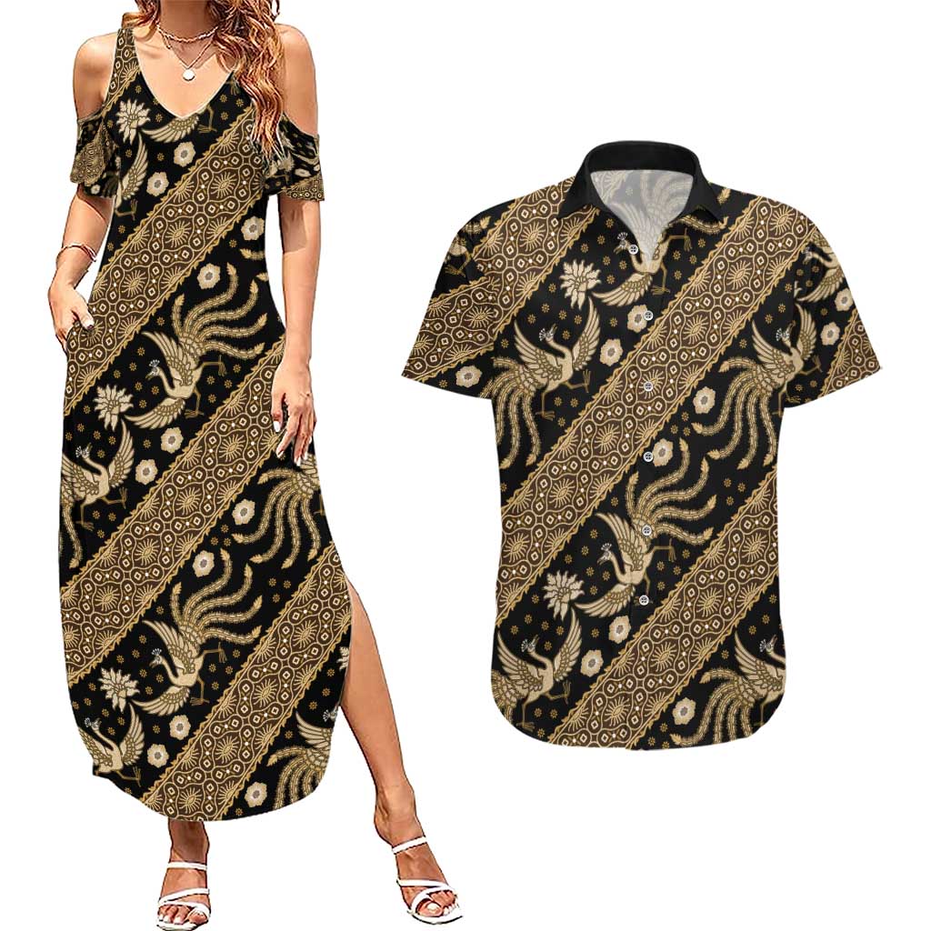 Indonesia Batik Pattern Couples Matching Summer Maxi Dress and Hawaiian Shirt Gold Version