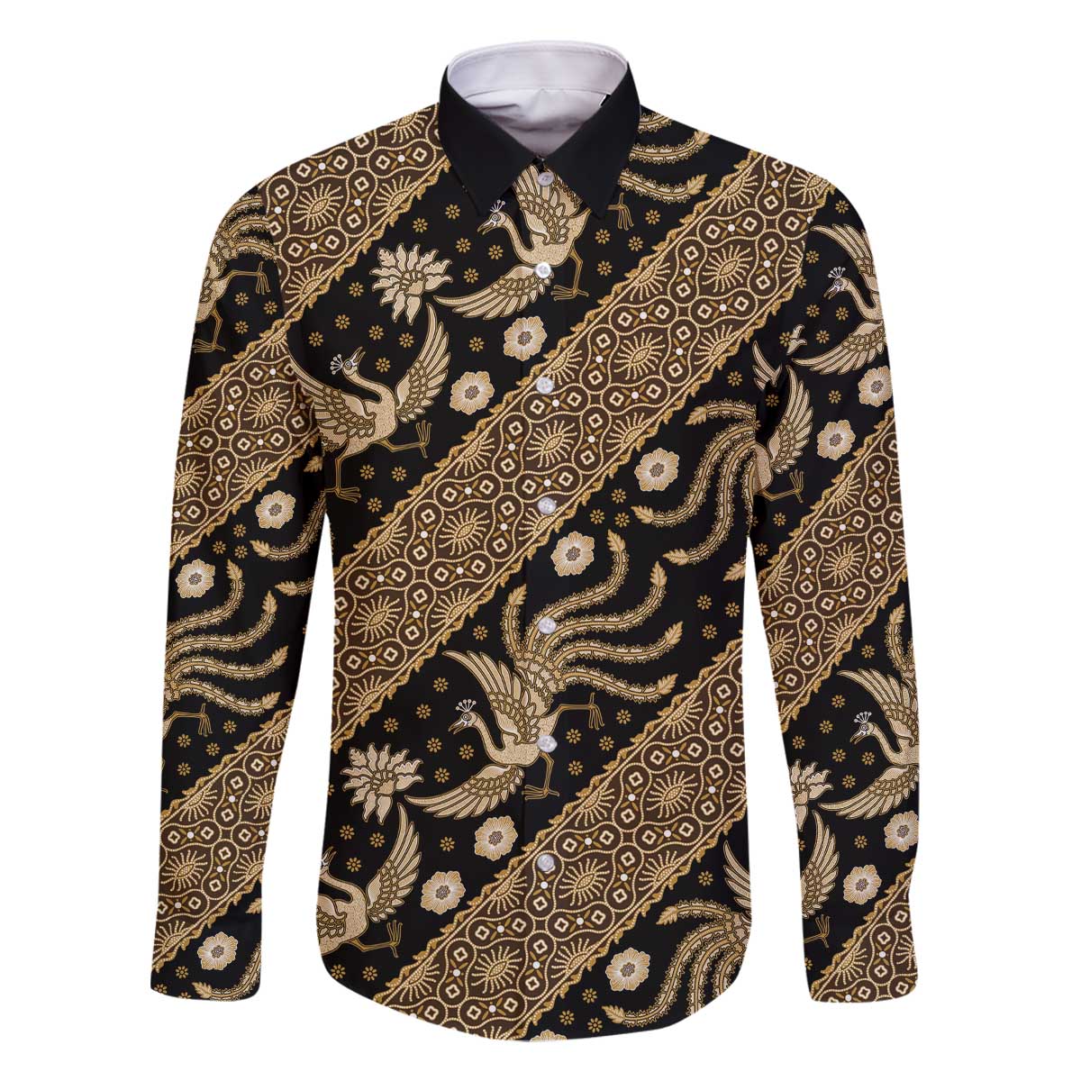Indonesia Batik Pattern Family Matching Off The Shoulder Long Sleeve Dress and Hawaiian Shirt Gold Version