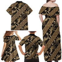 Indonesia Batik Pattern Family Matching Off Shoulder Maxi Dress and Hawaiian Shirt Gold Version
