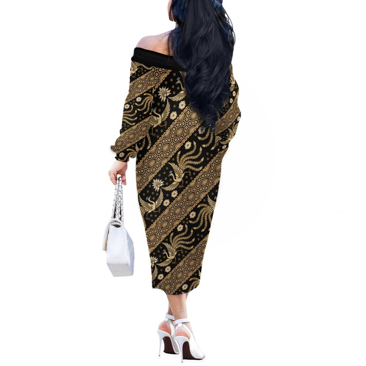 Indonesia Batik Pattern Off The Shoulder Long Sleeve Dress Gold Version