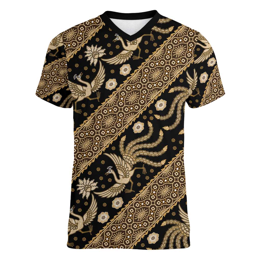 Indonesia Batik Pattern Women V-Neck T-Shirt Gold Version