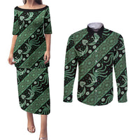 Indonesia Batik Pattern Couples Matching Puletasi and Long Sleeve Button Shirt Green Version